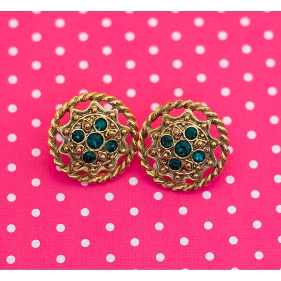 Vintage Star Wheel Green Rhinestones Stud Earrings - P17 - Picture 1 of 2